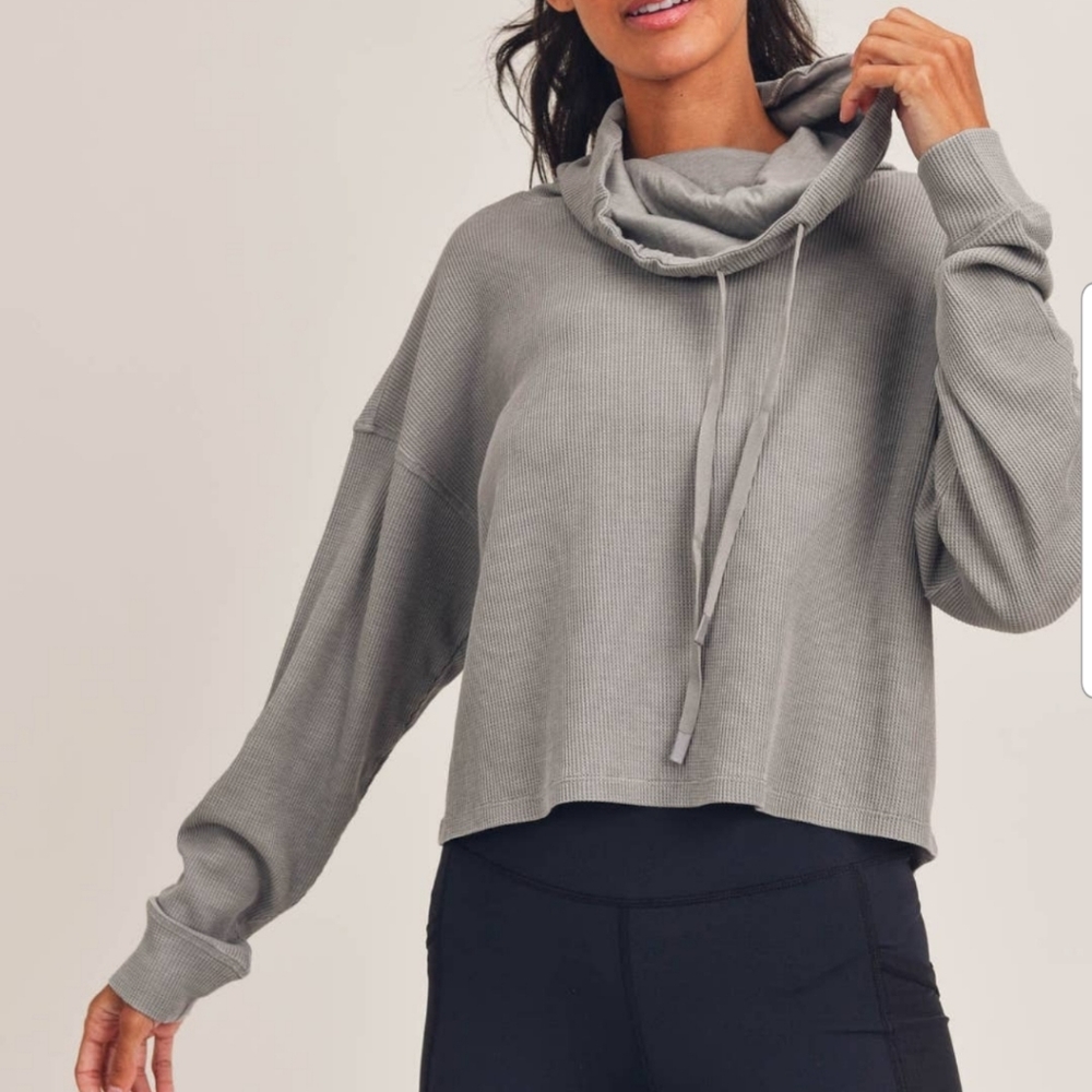 Waffle Boxy Crop Cowl Neck Pullover